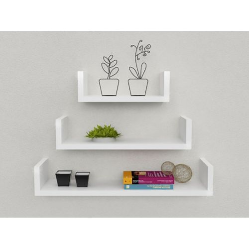 رف حائط خشب 3 قطع حرف u أبيض - رفوف خشب ابيض ام دي اف - أرفف حائط ديكور مودرن