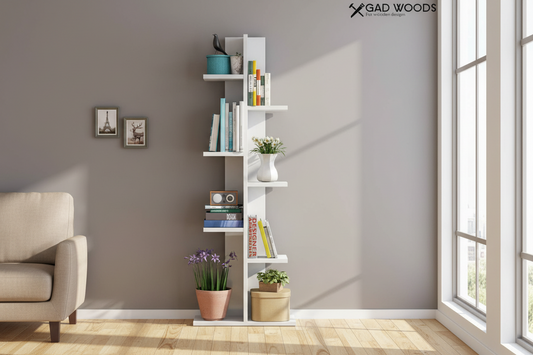 خزانة كتب خشبية مع 8 أرفف عمودية لون أبيض - خزانة كتب منزلية خشب ام دي اف