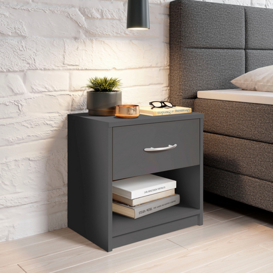كومود خشب ام دي اف أسود درج و رف - طاولة جانبية للسرير - كمودينو مودرن