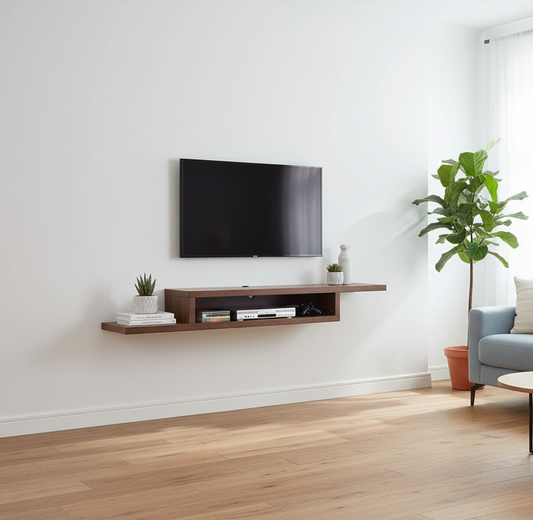 Modern living room with a flat-screen TV mounted on the wall, wooden shelf below, and gray sofa.