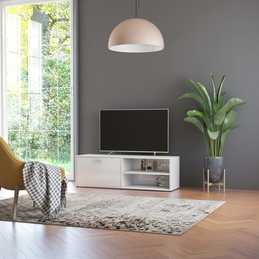 ترابيزة تليفزيون مع خزانة ورفين خشب أبيض 120 × 34 × 37 سنتيميتر - ترابيزات مودرن للتليفزيون خشب ام دي اف - وحدة تليفزيون