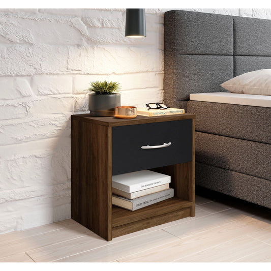 كومود خشب بني و أسود رف مع درج - طاولة سرير جانبية - كمود مودرن