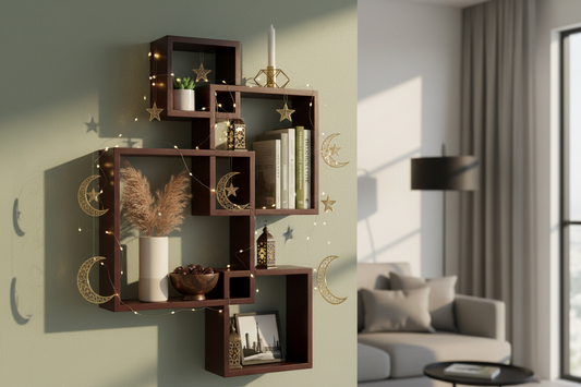 رف حائط خشب ام دي اف أبيض- أربع مربعات مقاسات مختلفة - بني