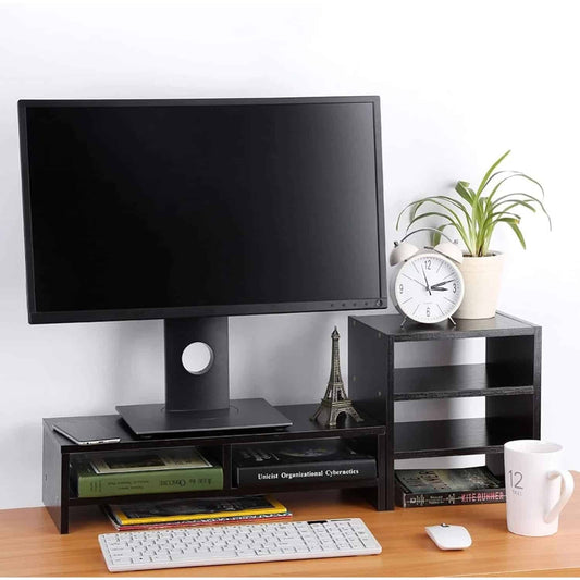 مجموعة حامل شاشة و منظم مكونة من 2 قطعة، منظم سطح المكتب للاب توب او الكمبيوتر الشخصي للمنزل والمكتب-اسود