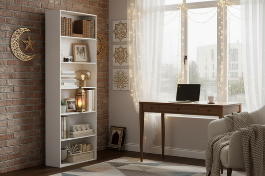 خزانة كتب خشبية 6 أرفف عمودية لون أبيض - أرفف تخزين خشب أبيض ام دي اف