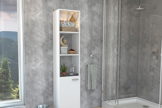 وحدة تخزين حمام و مطبخ 3 أرفف مفتوحة و ضلفة مع رفين خشب أبيض - دولاب تخزين المطبخ والحمام - وحدة تخزين خشب