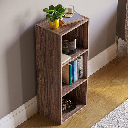 خزانة كتب منخفضة مزودة بعدد 3 طبقات، وحدة تخزين وعرض بارفف خشبية بيضاء، اثاث لغرفة المعيشة والمكتب، خشب مُصنع، بني