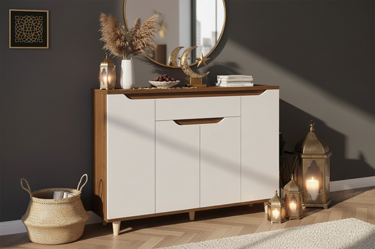 خزانة أحذية 4 أبواب و واحد درج مودرن بني و أبيض