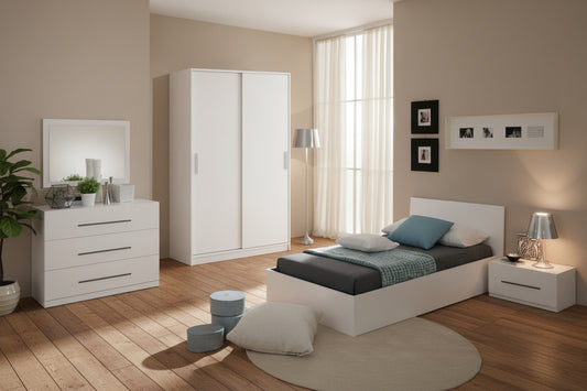 Modern bedroom set with white furniture, including a bed, wardrobe, and dresser.
