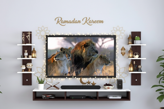 Wall-mounted TV unit with shelves displaying decorative items and a nature-themed screen.