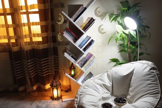 Cozy room with a bean bag chair, bookshelf, and decorative items.
