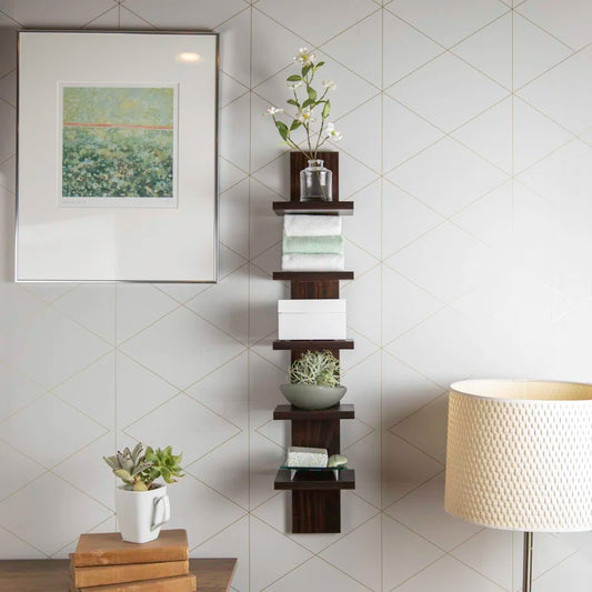 رف خشبي عمودي عائم 5 طبقات بني - رف خشبي معلق عمودي ام دي اف - رفوف جدارية خشبية لغرفة النوم وغرفة المعيشة