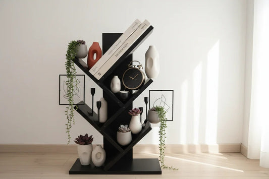 رف كتب أسود من 4 طبقات بتصميم شجرة