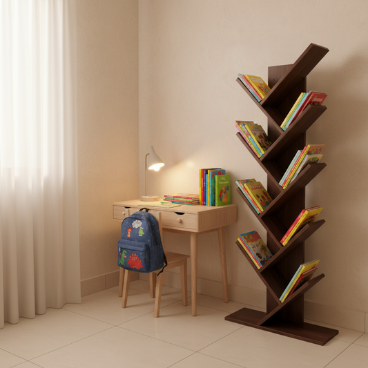 رف كتب 8 طبقات بتصميم شجرة مع حامل بني