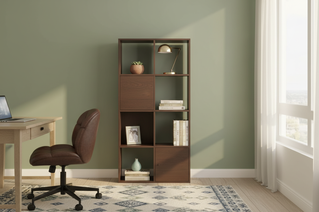 Wooden bookshelf with books and decor in a room with a plant and sofa.