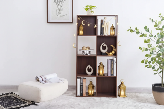 مكتبة مع 8 مربعات خشب بني -  مكتبة مربعات خشب - مكتبة كتب منزلية