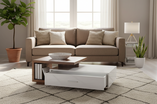 Modern coffee table with wooden top and white drawer in a minimalistic setting