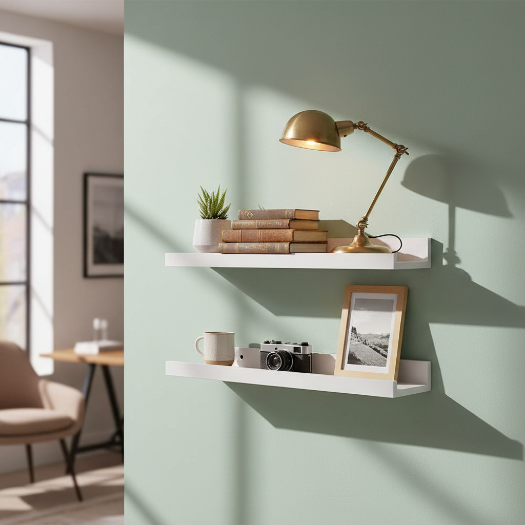White wall shelves with decorative items against a light blue wall