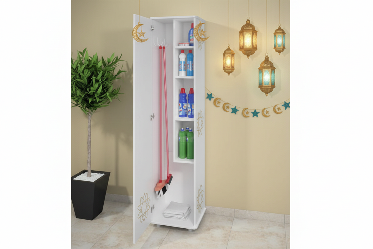 White cabinet with cleaning supplies against a beige wall