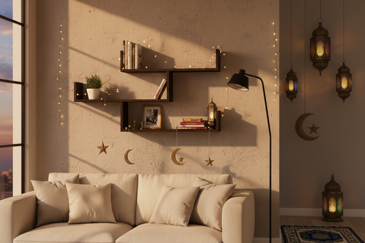 Modern living room with a white sofa, wall-mounted shelves, and a lamp.