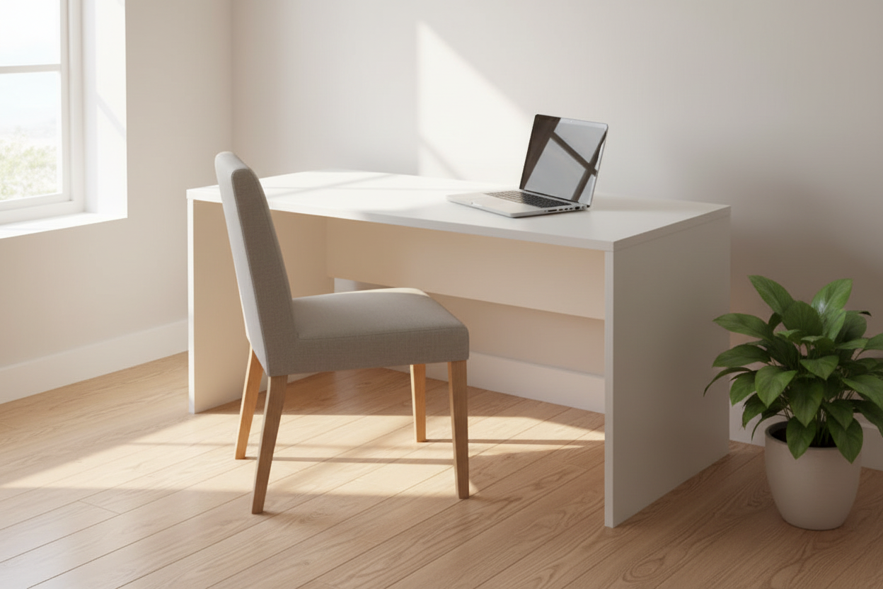 White desk with a laptop on a white background