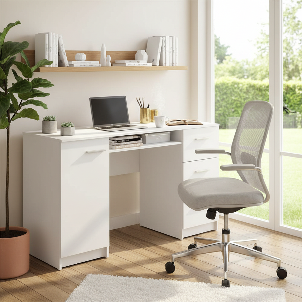 White office desk with a laptop, chair, and decorative items against a dark paneled wall.