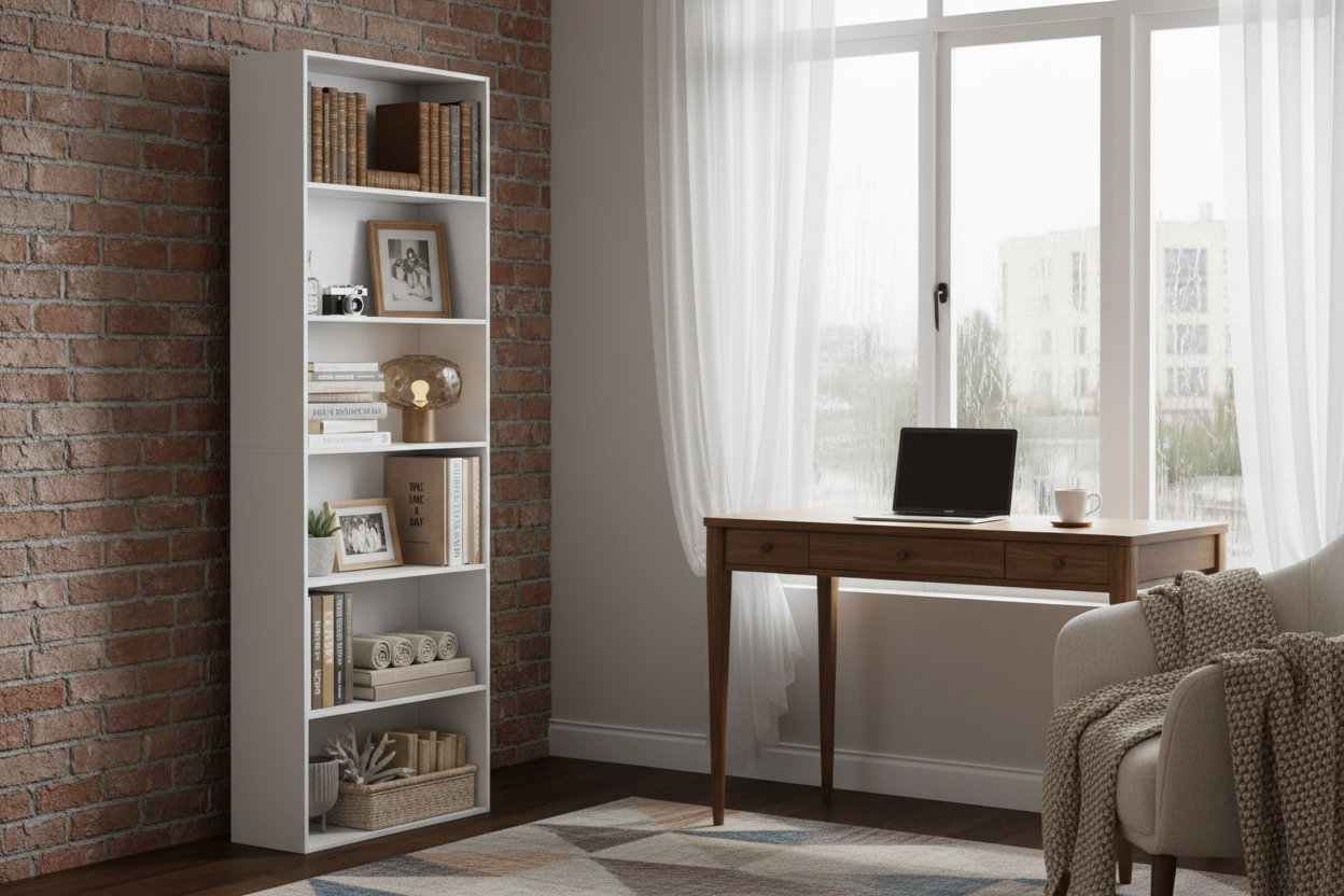 White bookshelf with decorative items in a living room setting