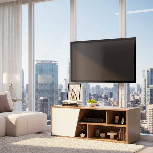 Modern living room with a TV mounted on a geometric-patterned wall.