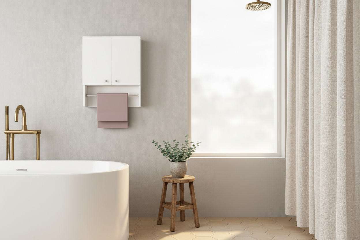White wall-mounted cabinet with a pink towel on a light gray wall