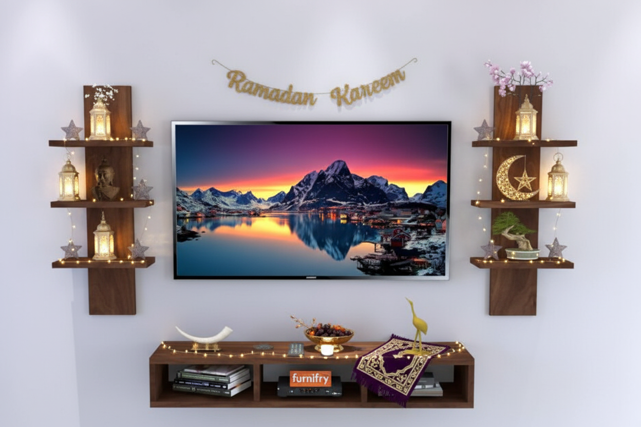 Wooden wall shelves with a TV displaying a mountain scene, on a white wall.