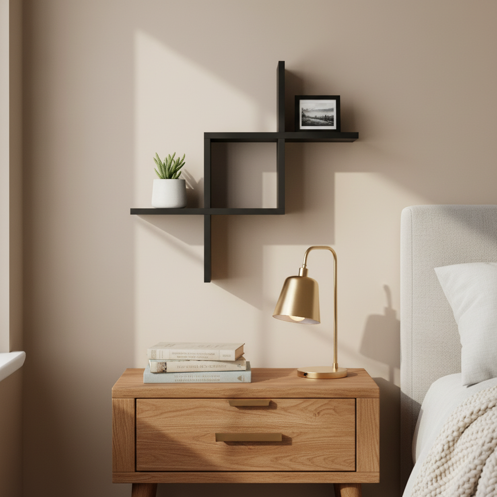 Black wall shelf with a clock and flowers on a gray background
