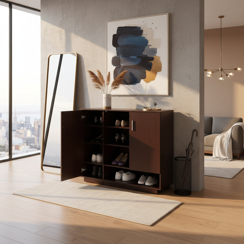 Brown shoe cabinet with open door displaying shoes, on a wooden floor.