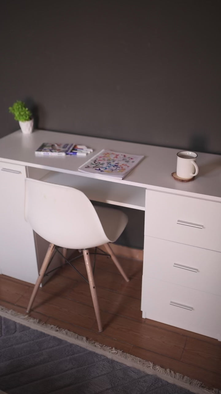 مكتب كمبيوتر خشب (3 أدراج و رف تخزين و ضلفة خشب أبيض)