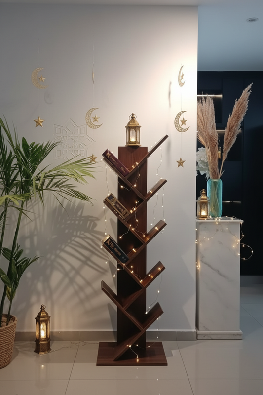 رف كتب 8 طبقات بتصميم شجرة مع حامل بني